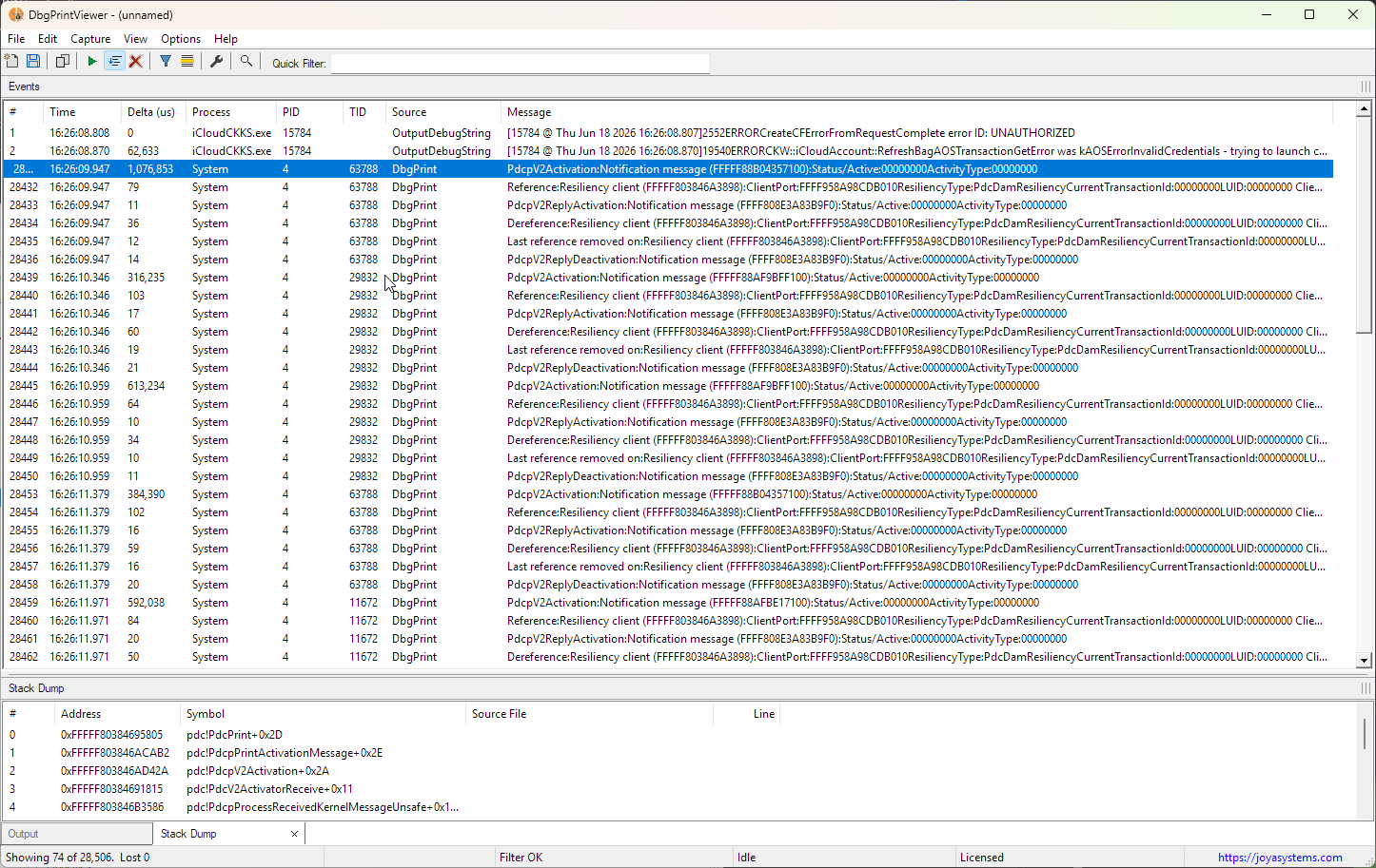 DbgPrintViewer showing combined OutputDebugString and DbgPrint output with process, PID, TID, and source