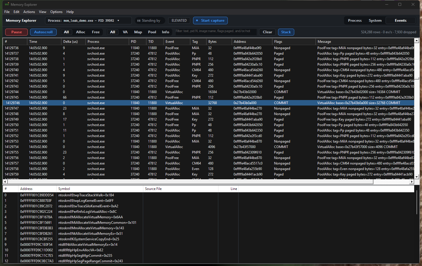 Memory Explorer event list showing individual VirtualAlloc, VirtualFree, map, and unmap events with filtering and search
