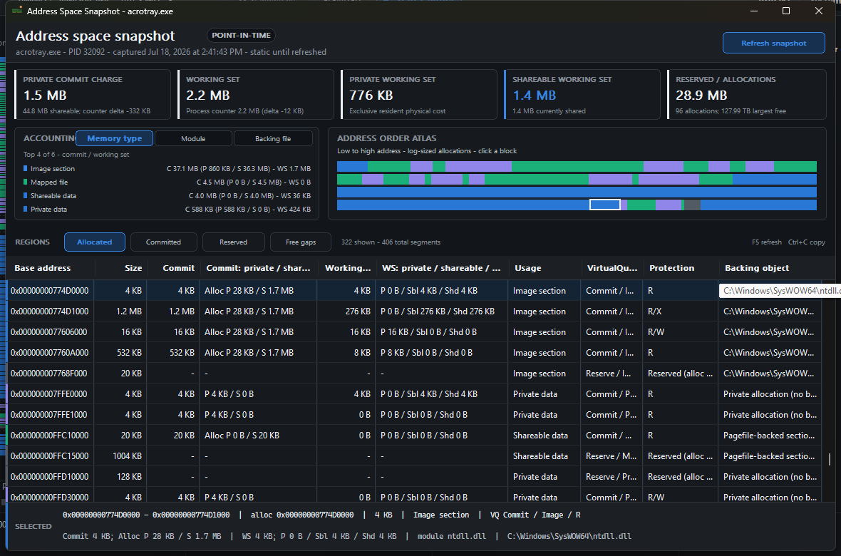 Memory Explorer process snapshot window: a VMMap-style point-in-time address-space breakdown with per-region commit, working set, sharing, and classification
