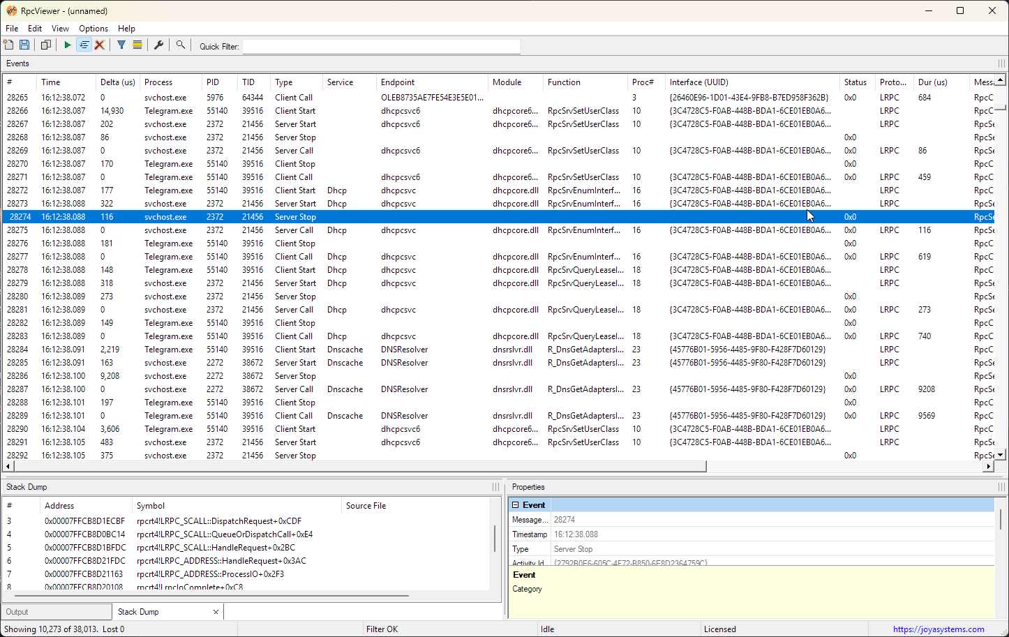 RpcViewer capturing live RPC activity with process, interface, procedure, endpoint, status, and duration