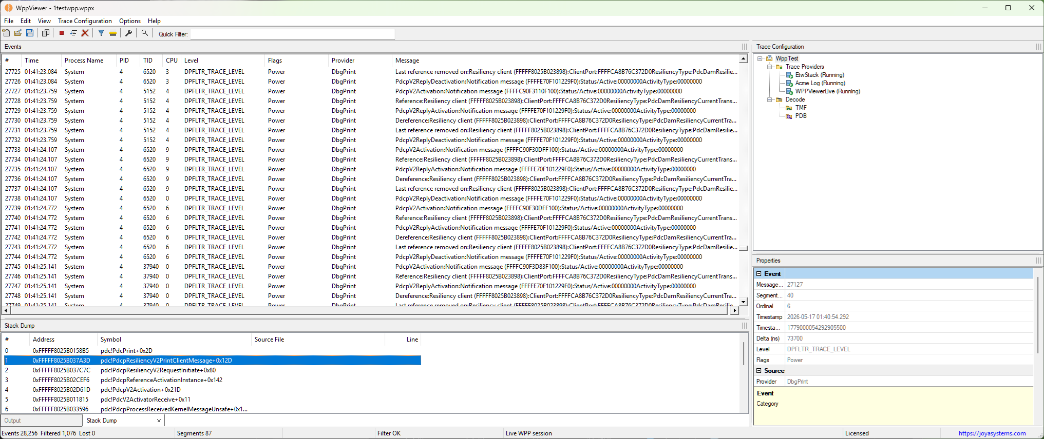 WppViewer Studio showing DbgPrint output with stack frames