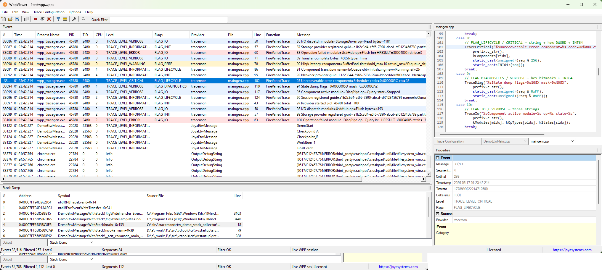 WppViewer Studio showing mixed ETW and WPP events with source code